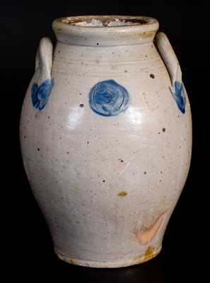 Extremely Rare Old Bridge, NJ Stoneware Jar w/ Impressed Hearts and Moon Decoration