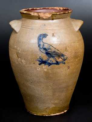 Extremely Rare att. William Pecker, Merrimacport, MA Stoneware Jar w/ Impressed Bird and Fish