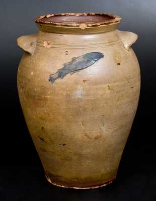 Extremely Rare att. William Pecker, Merrimacport, MA Stoneware Jar w/ Impressed Bird and Fish