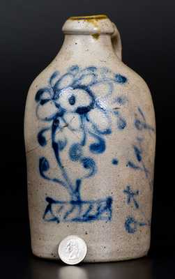 Very Unusual Stoneware Jug Insribed "Qt. Jug" with Slip-Trailed Floral Decoration