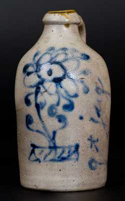Very Unusual Stoneware Jug Insribed "Qt. Jug" with Slip-Trailed Floral Decoration