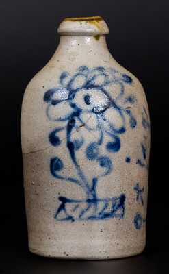 Very Unusual Stoneware Jug Insribed "Qt. Jug" with Slip-Trailed Floral Decoration