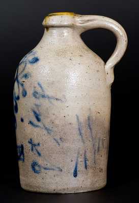 Very Unusual Stoneware Jug Insribed "Qt. Jug" with Slip-Trailed Floral Decoration