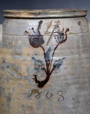 Unusual 4 Gal. Stoneware Jar with Floral Decoration Dated 1863