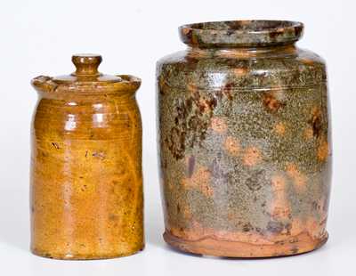Lot of Two: Redware Jar with Manganese Splotches and Redware Lidded Canning Jar