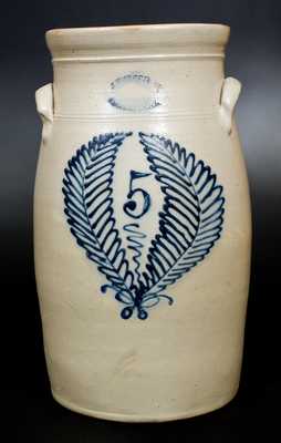 5 Gal. J. BURGER JR. / ROCHESTER, NY Stoneware Churn w/ Slip-Trailed Wreath Decoration