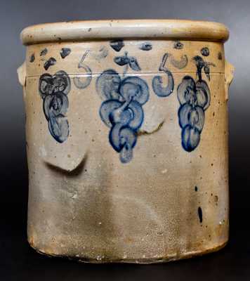 Exceptional Stoneware Crock with Dog-Chasing-Man Decoration, Ohio, circa 1860