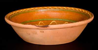 Redware Bowl with Green and Cream Slip-Decoration Interior