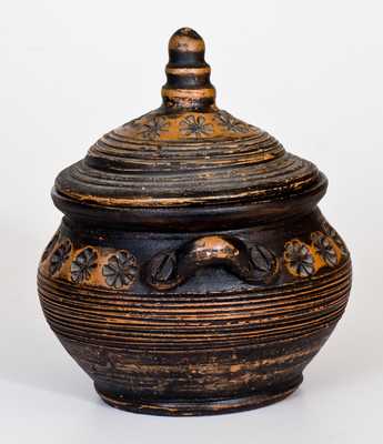 Unusual Redware Lidded Sugar Bowl with Stamped Decoration