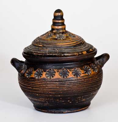 Unusual Redware Lidded Sugar Bowl with Stamped Decoration