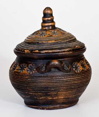 Unusual Redware Lidded Sugar Bowl with Stamped Decoration