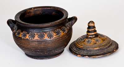 Unusual Redware Lidded Sugar Bowl with Stamped Decoration