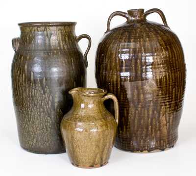 Lot of Three: Alkaline-Glazed Churn, Pitcher, and Double-Handled Jug, Catawba Valley, NC
