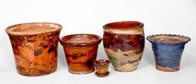 Lot of Five: Redware incl. 4 Flowerpots (One Gleaves / Colonial Art Pottery) and S. BELL & SON Jar