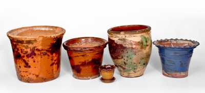 Lot of Five: Redware incl. 4 Flowerpots (One Gleaves / Colonial Art Pottery) and S. BELL & SON Jar