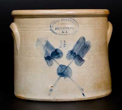 1 1/2 Gal. BROWN BROTHERS / HUNTINGTON, L.I. Stoneware Crock with Crossed Floral Decoration