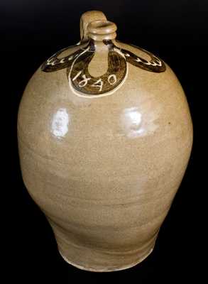 Exceptional Phoenix Factory, Edgefield District, SC Stoneware Jug w/ Two-Color Slip Decoration and 1840 Date