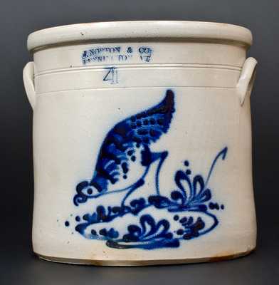 J. NORTON & CO. / BENNINGTON VT Stoneware Crock w/ Cobalt Chicken Decoration