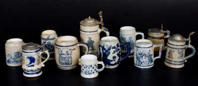 Eleven Cobalt-Decorated Stoneware Mugs, mostly White's Pottery, Utica, NY