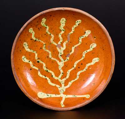 Fine Pennsylvania Redware Plate w/ Copper-Slip Foliate Motif, possibly Berks County