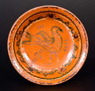 Rare Slip-Decorated Redware Plate w/ Bird Motif, possibly North Carolina, early 19th century