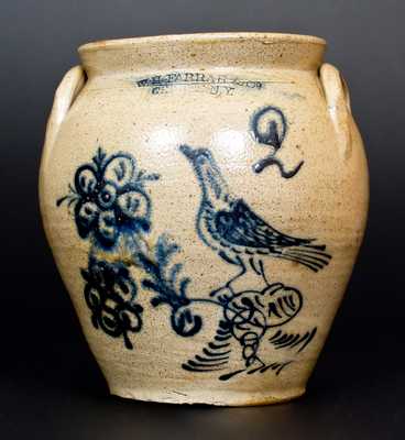 Fine W.H. FARRAR & Co. / GEDDES. N.Y. Stoneware Jar w/ Cobalt Bird and Floral Decoration