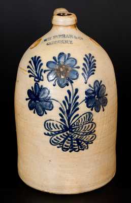 W.H. FARRAR & Co. / GEDDES. N.Y. Stoneware Jug w/ Elaborate Cobalt Floral Decoration