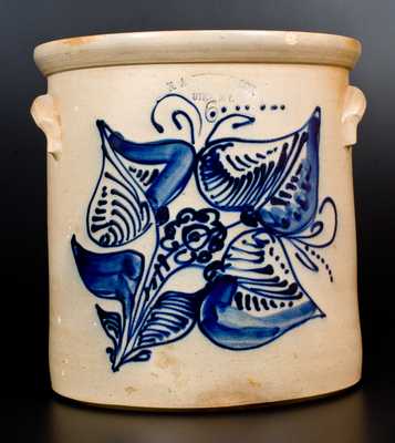 N.A. WHITE & SON, / UTICA, N.Y. Six-Gallon Stoneware Crock w/ Elaborate Cobalt Floral
