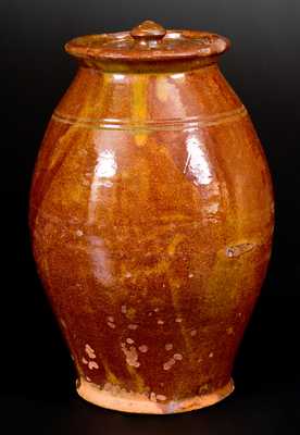 Glazed Redware Lidded Jar, New York State, possibly Alvin Wilcox, West Bloomfield