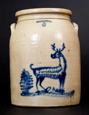Rare WHITES UTICA, NY Stoneware Jar with Deer and Tree Decoration