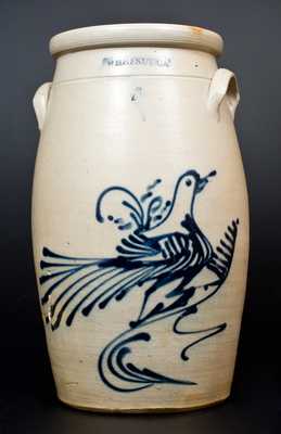 WHITES UTICA Stoneware Churn with Elaborate Slip-Trailed Bird Decoration
