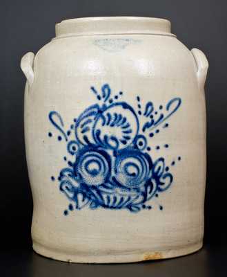 6 Gal. WHITES UTICA Stoneware Jar with Unusual Floral Basket Decoration