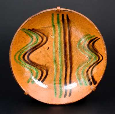 Dryville, PA Redware Plate w/ Green and Brown Slip Line Decoration