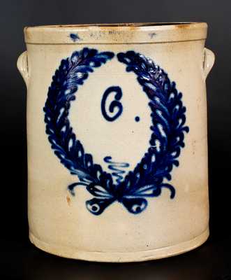 6 Gal. JOHN BURGER / ROCHESTER Stoneware Crock w/ Fine Foliate Wreath Decoration