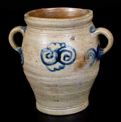 Half-Gallon 18th Century Vertical-Handled Stoneware Watchspring Jar, NY or NJ