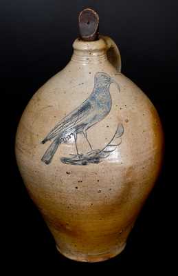 Stoneware Jug w/ Outstanding Incised Bird Decoration, Manhattan, early 19th century