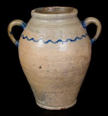 Unusual Vertical-Handled Stoneware Jar w/ Combed Decoration, probably Manhattan