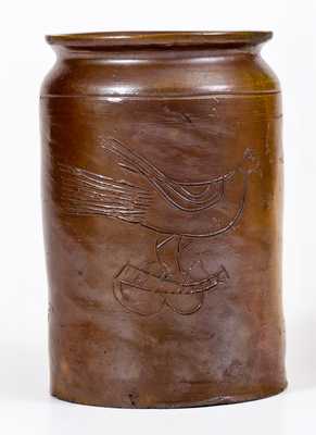 Small Stoneware Jar w/ Incised Bird Decoration, possibly Paul Cushman, Albany, NY