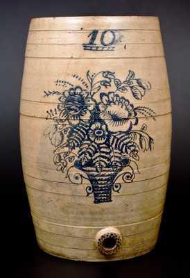 Outstanding Ten-Gallon Ohio Stoneware Cooler w/ Profuse Cobalt Flowering Urn