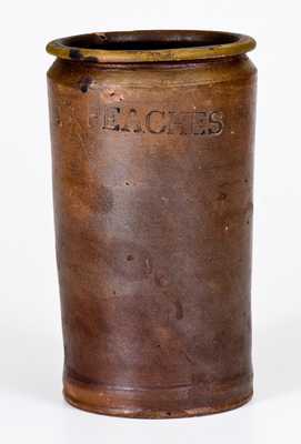 Fine Small-Sized Signed Crolius Stoneware Fruit Jar, Stamped "PEACHES"