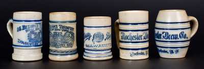 Five Breweriana Stoneware Mugs, attrib. to the Whites Pottery, Utica, NY, late 19th century