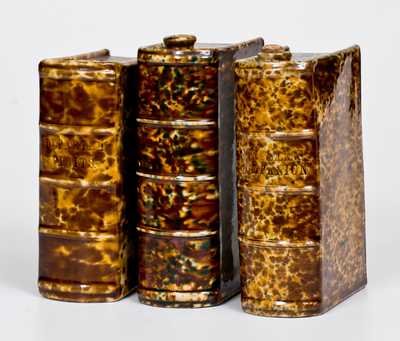 Three Flint Enamel Book Flasks, attrib. Lyman, Fenton & Co., Bennington, VT, c1849-1852