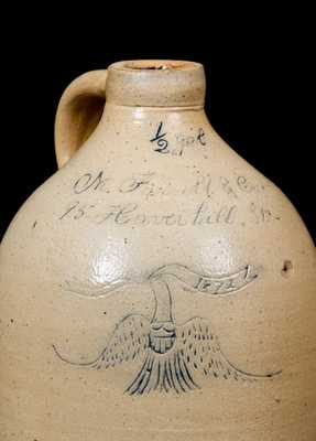 Rare Half-Gallon New York Stoneware Advertising Jug w/ Incised Federal Eagle