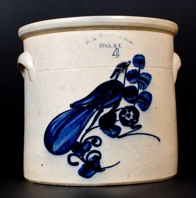 N.A. WHITE & SON, / UTICA, N.Y. Stoneware Crock w/ Cobalt Paddletail Bird