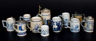 Eleven Cobalt-Decorated Stoneware Mugs, mostly White's Pottery, Utica, NY