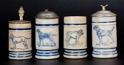 Four Stoneware Mugs with Dog Motifs, attrib. White s Pottery, Utica, NY