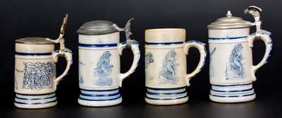 Four Stoneware Mugs with Dog Motifs, attrib. White s Pottery, Utica, NY
