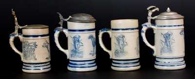 Four Stoneware Mugs with Dog Motifs, attrib. White s Pottery, Utica, NY