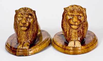 Pair of Large Pottery Lion Figures, Mogadore, OH origin, late 19th century