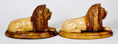 Pair of Large Pottery Lion Figures, Mogadore, OH origin, late 19th century